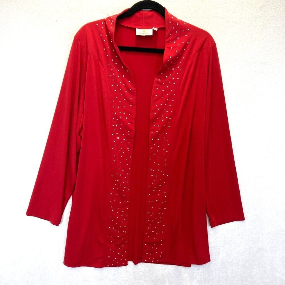 Quacker Factory Slinky Open Front Cardigan Womens 1X Rhinestone Red Long Line XL